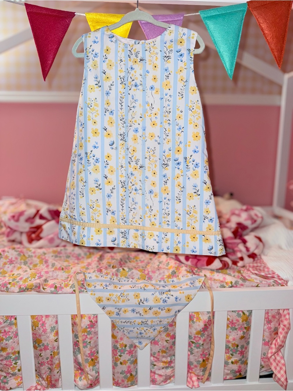 Girls Southern Darlin Smocks Yellow & Blue Floral Dress With Bandana